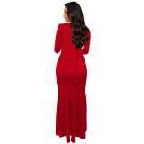 Women Solid Long Sleeve Beaded Slit Dress