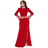 Women Solid Long Sleeve Beaded Slit Dress