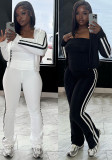 Women patchwork striped yoga wear zipper long-sleeved jacket Strapless sports three-piece