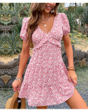 Women Floral Dress Pink Ruffle Patchwork Pleated Dress