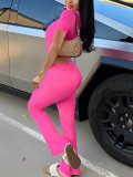 Women Spring Zipper Short Sleeve Hooded Top and Bell Bottom Pants Two-Piece Set