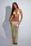 Sexy Three-Piece Print Lace-Up Halter Neck Bikini Swimsuit for Women