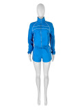 Women sexy long sleeve zipper contrast color ribbon top and shorts two-piece set