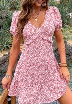 Women Floral Dress Pink Ruffle Patchwork Pleated Dress