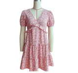 Women Floral Dress Pink Ruffle Patchwork Pleated Dress