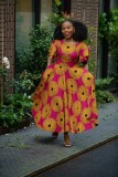 Women African Round Neck double-layer ruffle short-sleeved printed dress