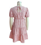 Women Floral Dress Pink Ruffle Patchwork Pleated Dress