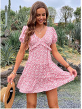 Women Floral Dress Pink Ruffle Patchwork Pleated Dress