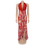Women Sexy V Neck Halter Neck Printed Dress