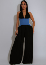 Women Halter Neck Sleeveless Patchwork Wide-leg Jumpsuits
