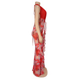Women Sexy V Neck Halter Neck Printed Dress