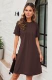 Women Spring and Summer Solid Hollow Lace Short Sleeve Round Neck Crumpled Dress