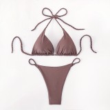 Applique Low-Back Swimsuit Two-Piece Halter Neck Lace-Up Bikini for Women