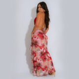 Women Sexy V Neck Halter Neck Printed Dress