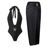 SexySolid Color Halter Neck One-Piece Swimsuit Slit Long Mesh Skirt Set