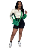 Women patchwork contrast color zipper long sleeve top and shorts sports two-piece set