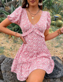 Women Floral Dress Pink Ruffle Patchwork Pleated Dress