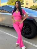 Women Spring Zipper Short Sleeve Hooded Top and Bell Bottom Pants Two-Piece Set