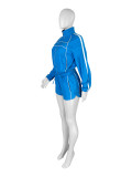Women sexy long sleeve zipper contrast color ribbon top and shorts two-piece set