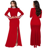 Women Solid Long Sleeve Beaded Slit Dress