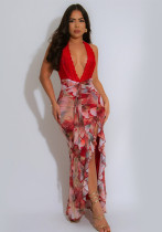 Women Sexy V Neck Halter Neck Printed Dress