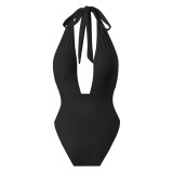 SexySolid Color Halter Neck One-Piece Swimsuit Slit Long Mesh Skirt Set