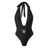 SexySolid Color Halter Neck One-Piece Swimsuit Slit Long Mesh Skirt Set