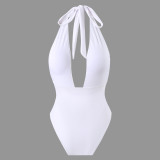 SexySolid Color Halter Neck One-Piece Swimsuit Slit Long Mesh Skirt Set