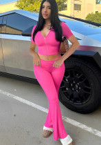 Women Spring Zipper Short Sleeve Hooded Top and Bell Bottom Pants Two-Piece Set