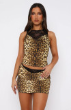 Women Sexy Round Neck Sleeveless Summer Sexy Solid Lace Patchwork Top and Skirt Two-Piece Set