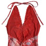 Women Sexy V Neck Halter Neck Printed Dress