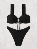 Black Lace-Up Bikini Swimsuit Solid Color Sexy Two-Piece Bikini