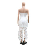 Strapless Solid Color Dress Sexy Irregular Fringed High Slit Dress