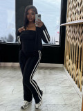 Women patchwork striped yoga wear zipper long-sleeved jacket Strapless sports three-piece