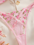 Spring Summer sexy lingerie sweet mesh floral embroidery two piece set