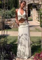 Women's Sexy Halter Neck Lace-up Top High Waist Pleated Skirt Two-piece Set