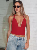 Women's summer sexy deep v metal decoration Halter Neck Low Back slim strap Vest