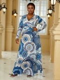 Plus Size Women's Sexy V-Neck Long Sleeve Bohemian Beach Long Dress