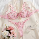 Spring Summer sexy lingerie sweet mesh floral embroidery two piece set