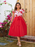 Plus Size print Patchwork red short-sleeved dress