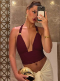Women's summer sexy deep v metal decoration Halter Neck Low Back slim strap Vest