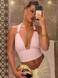 Women's summer sexy deep v metal decoration Halter Neck Low Back slim strap Vest