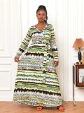 Plus Size Women's Sexy V-Neck Long Sleeve Bohemian Beach Long Dress