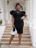 Plus Size fashion women's sexy Ruffle Sleeve Slim Waist Bodycon Beaded Party Evening Dress