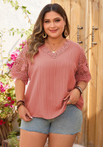 Summer Plus Size T-shirt solid color short-sleeved hollow print v-neck top Summer Plus Size T-shirt solid color short-sleeved hollow print v-neck top