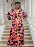 Plus Size Women's Loose Lace Embroidery Chiffon Print Evening Dress