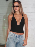 Women's summer sexy deep v metal decoration Halter Neck Low Back slim strap Vest