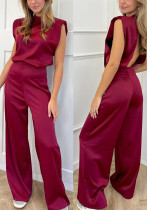 Summer women's clothing solid color Stand Collar sleeveless loose satin Low Back wide-leg jumpsuit