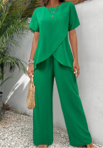 Summer women's clothing short-sleeved pullover Round Neck loose Casual irregular two piece Pants set