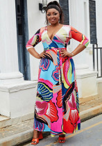 Plus Size Women's V-Neck Half-Sleeve Slit Bohemian Beach Long Dress Plus Size Women's V-Neck Half-Sleeve Slit Bohemian Beach Long Dress